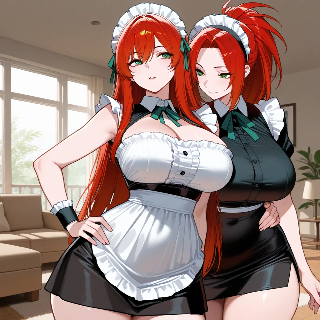 /draw ai_generated curvy_body curvy_female curvy_figure The average cup size female_only huge_breasts looking_at_viewer +maid solo_female solo_focus stable_diffusion waitress orange_hair green_eyes lifts the skirt showing black panties legs in pantyhose