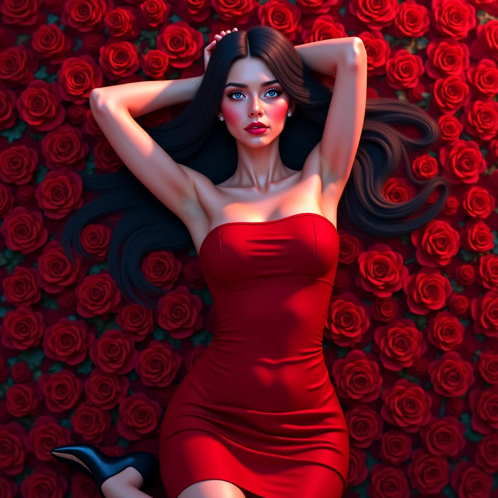 A tango dancing woman , sitting on a bench alone singing and admiring the scenery , pondering , with long black hair ,long red dress and red roses , Mexico , spain .