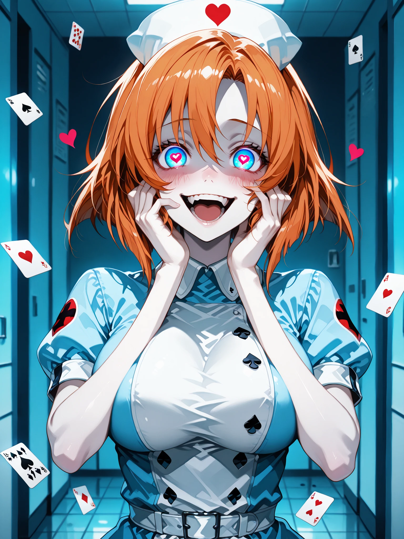 rena ryuuguu, orange hair, short hair, blue eyes, large breasts, black_hair, directional lighting evident, slight hair-sheen/gloss, eyes full of madness and insanity, 1woman, yandere trance, yandere, hands on own cheeks, hands on own face, crazy eyes, crazy smile, crazy, heart-shaped pupils, glowing eyes, symbol-shaped pupils, spade-shaped or diamond-shaped eye, heart-shaped eye, playing cards theme, hand on own face, open mouth, blush, looking at viewer,,A yandere-style nurse in a sterile hospital corridor, wearing a traditional white nurse's uniform . She has wide, unblinking eyes, a twisted smile, Her long black hair contrasts with her pale skin. Behind her, the dim-lights flicker slightly, and there's a faint trail of red footprints — blood footprints, anime horror aesthetic, tense and eerie mood. omnious, dim-lighting evident, eerie hospital vibe, Hospital in Wonderland, bloodstained white_tiled floors, bloodstained footprints, twisted reality, extra belts, at night, night-time, omniously-dim, underlit face, main lighting is omnious underlighting, playing cards theme, hearts, clovers, spades, diamonds, Alice_in_wonderland, laughing maniacally, horror, insanity,