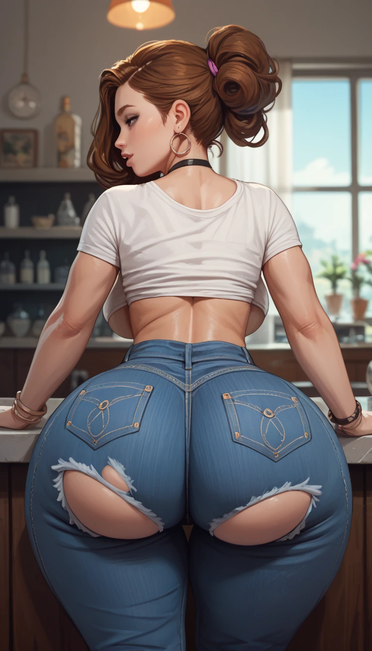 1girl, pretty face, cute eyes, fit body, brown curly hair, many tattoos, white crop top, tight blue jeans, black heels, seductive facial espressions, both hands on ass, in a bar, at night, dirty jeans, dirty floor, dirty clothes, (((make the whole image filthy and dirty))), (((liquid poop overflowing from jeans))), stinky atmosphere, filthy atmosphere, liquid poop on jeans, disgusting bar(((extreme amount of liquid poop dripping from jeans)), too much liquid poop on jeans,
