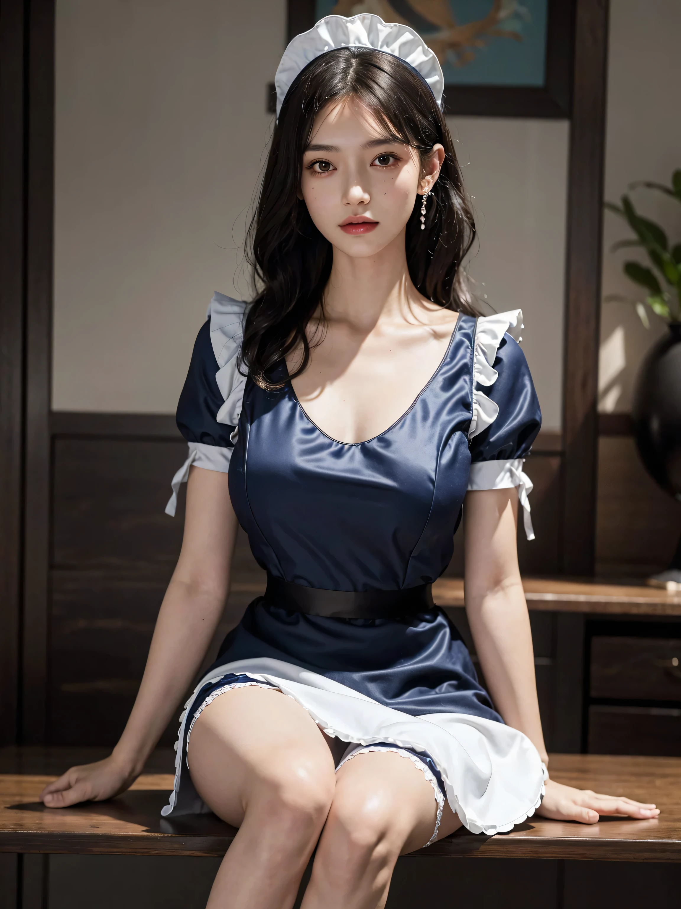 1girll, 独奏, nedium breasts, looking at viewert, Be red in the face, short detailed hair, eBlue eyes, hair adornments, shift dresses, Ribbons, Huge breasts,DEEP-V COLLAR,Open chest,Upper chest, blue hairs, Hair ribbon, exteriors, No sleevepose your arms to the sky, daysies, Hair is more than one eye, apronlue-sky, maidennurse, maid headdress, x hair ornamen, pink ribbons, Rossvale Mansion maid uniform,Young European and American women,Bigboobs,Upper chest,Expose the genitals,Tinif Blue,blue hairs,blue color hair,Stretch meat,stocklings,Wide thighs,cleavage,HD bell collar,true to life,Lace,Top quality,tmasterpiece,one-girl,blue hair,paleskin,Moles under the eyes,Thick eyebrows,Thick lips,scar across right eye,freckle,in class room,Lori huge breasts cleavage,Small waist,Wide thighs,thigh gap,Exposing thighs, ,secretary,mature,cinmatic lighting (RAW photogr:1 girlirl.2 pcs),(true to life:1 girlirl.4 pceautiful details girl,very detailed eyes and faceeatiful detailed eyes,Moody smile,hugefilesize,ultra - detailed,k hd,The original E is very detailed,best qualtiy,tmasterpiece,kemomimi,((Japan Girls' High School)校服)), illustratio, The original E is very detailed, CG, unified, 8k wallpaper, breath-taking, finedetail, tmasterpiece, best qualtiy, Highly detailed CG uniform 8k wallpapece illuminated,cinmatic lighting, , primitive,tmasterpiece,ultra fine photoest qualtiy,超高分辨率,Photorealistic and realistic,Breathtakingly beautiful,dynamicposes,s delicate face,Vibrant eyes,milkyW,highly detailedskin,Realistic details of skin,,8K UHD,digital SLR camera,high qulity,White skin of the,squatt,Squat toilet,urine,spread thighs,standing,looking at viewert,Frontal photo