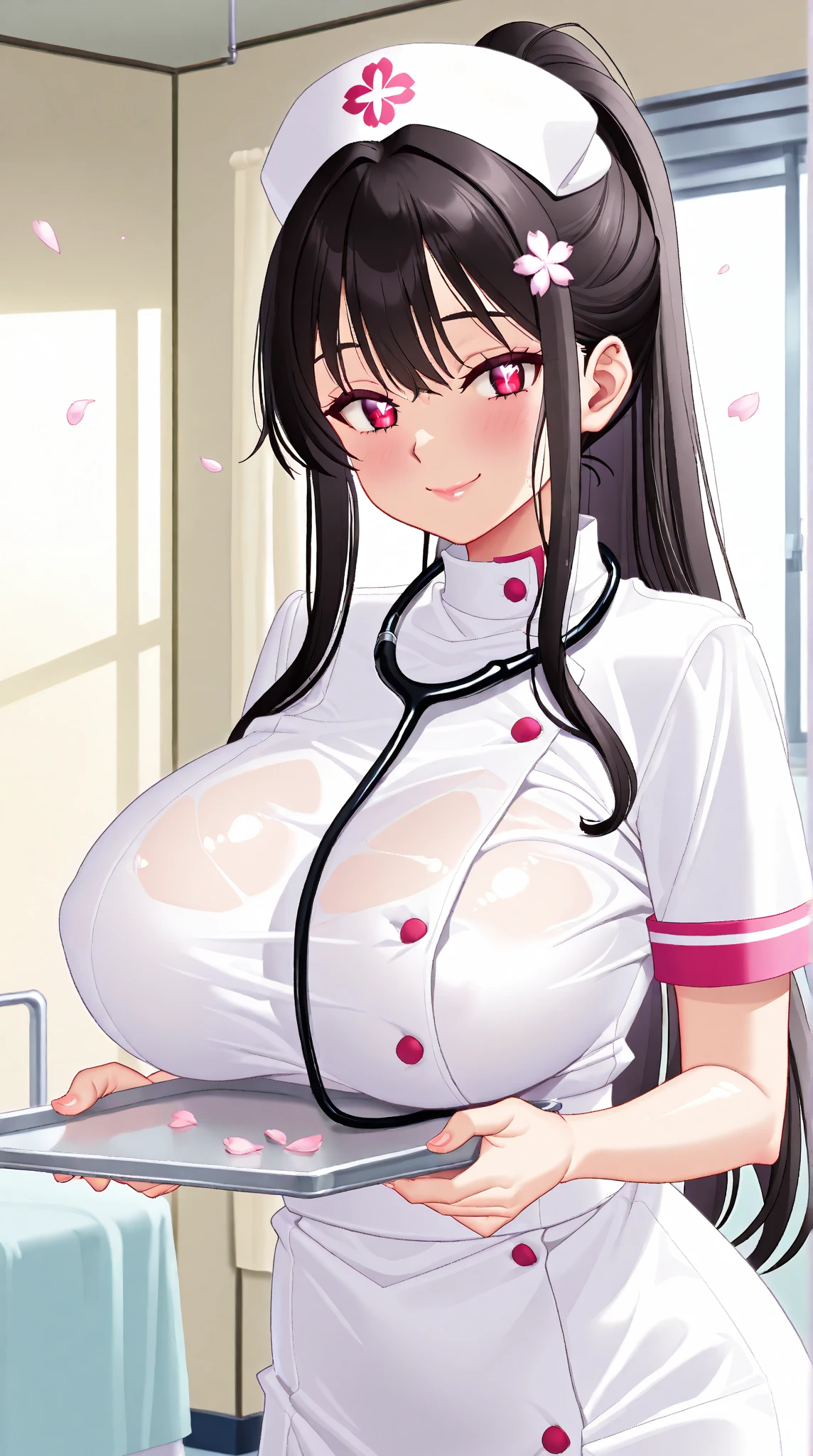 Sakura Jinguji, a girl with very long black hair, wearing a long sleeved, luxuriously embroidered, super shiny satin light blue western frill dress, has her nipples examined by a perverted doctor.　She has a device attached to her nipple to collect breast milk.