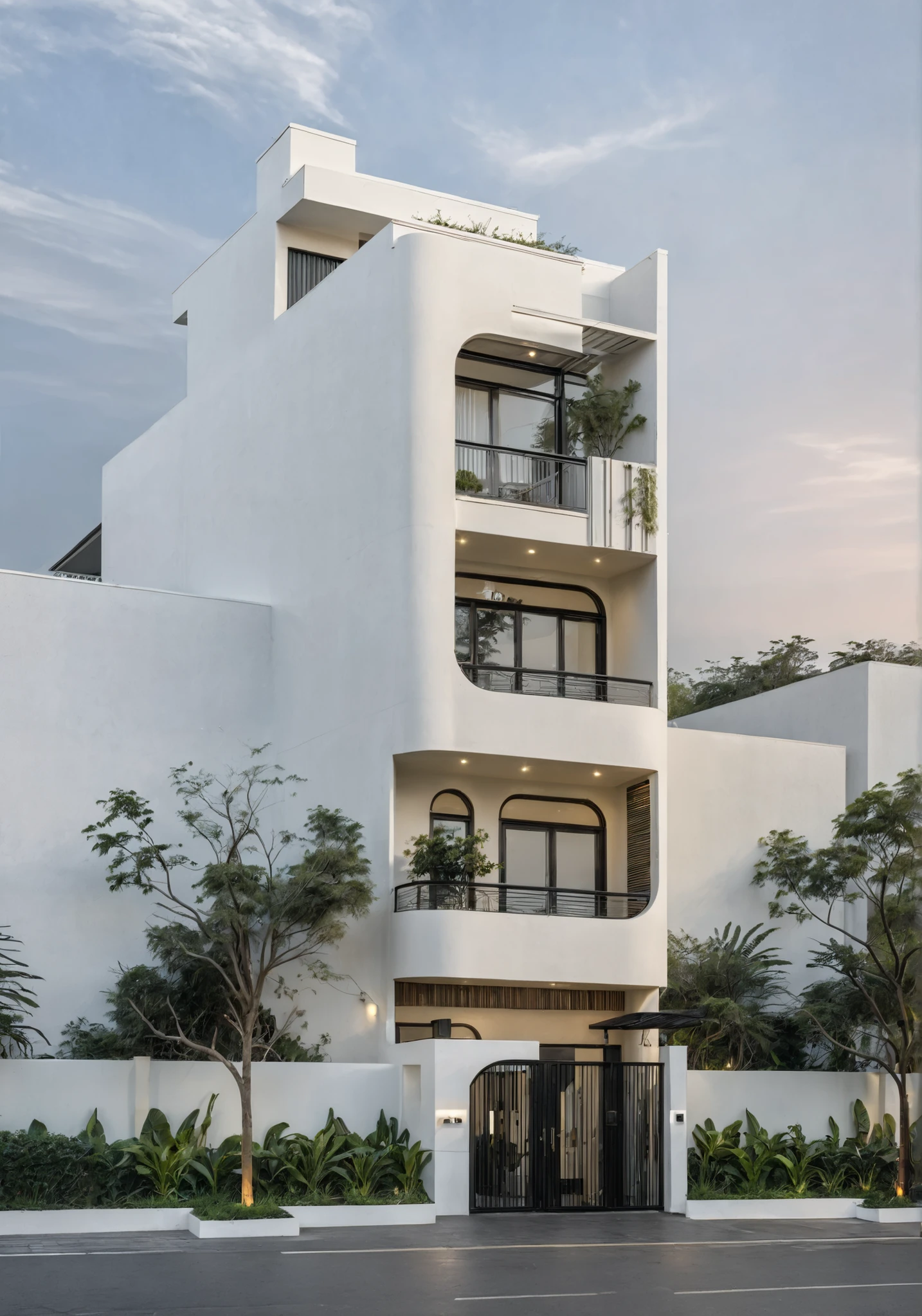 RAW photo, a photo of a modern house, (curvilinear archrchitecture:1.4), Wabisabi style rounded wall, white wall, steel black gate, sidewalk, sidewalk trees, ((grey gate:1.2)), road, viet nam modern residence, ((architectural shot)), rough white wall, new residential area, wide angle exterior 2022, contemporary house, exterior photography, masterpiece, contemporary architecture, overcast, indirect lighting