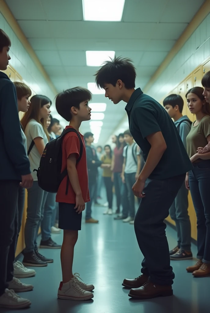 Creat a 18 boy try to talking with 4 peoples who standing Infront of his , the boy opening his hands and try to explain something, background is a normal road, 8k very ultra realistic