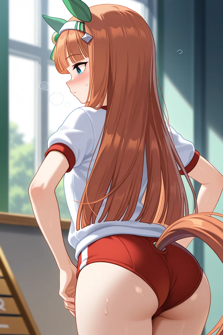 pomponette, green eyes, long hair, hair bow, twintail, hair drill, orange hair, masterpiece, expensive quality, very_expensive_solve, big_file size, full color,pussy,anime color, PPFB, panty pull, undressing, from behind,