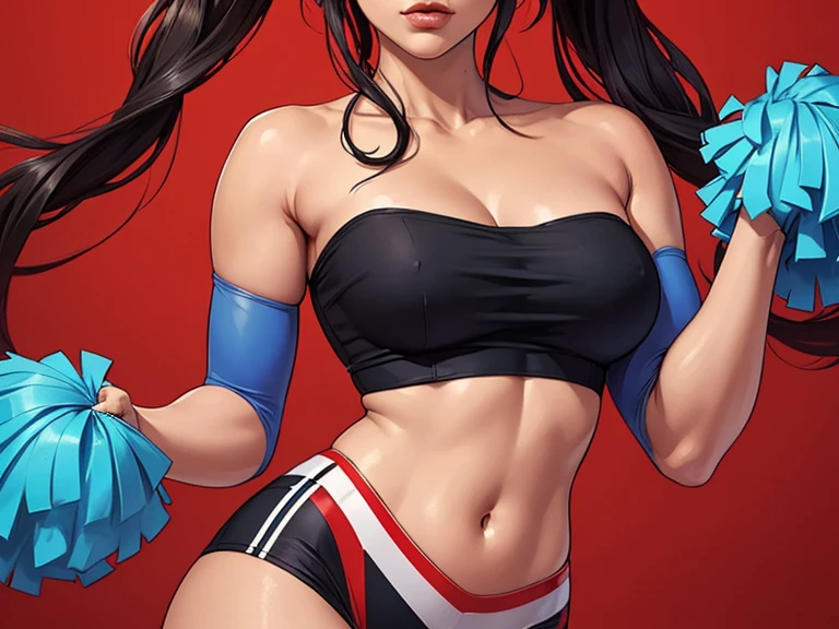 suit, action pose, lewd face, sexy, cleavage, black hair, blue eyes, tight bikini, thigh highs, short sleeves, armpits, large breasts, wide hips, thick thighs, muscles, abs, no teeth, beautiful face, realistic, ray traced, beautiful eyes, red lipstick