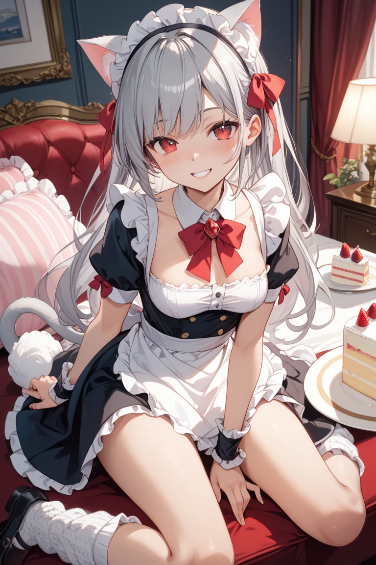 Silver Hair、Red Eye、Fox ears、girl、Small breasts、ponytail、girl、Small breasts、Lolita、Bright smile、Looks about 15 years old、Petan Musume、Short、目のhighlight、Sexy thighs、Have a cake、Rose Gothic Lolita Dress Costume、Your eyes are so beautiful、highlight