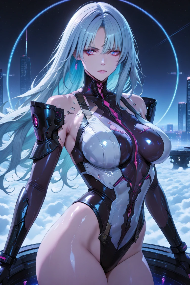 4K,hight resolution,One Woman,white purple hair,poneyTail,Colossal tits,ninjartist,Futuristic and shiny white cyber suit,head phone,Knives,underground city