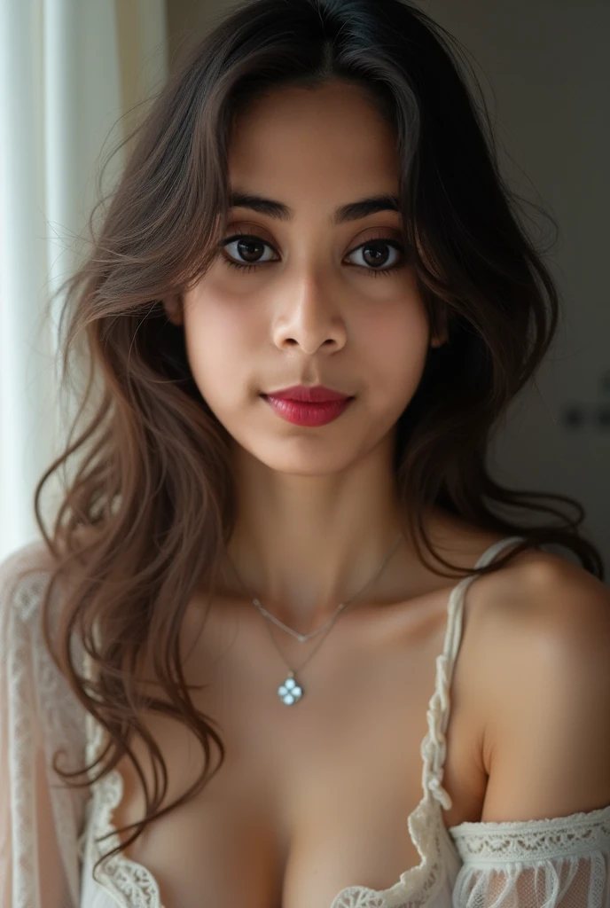 day scene, extreme close up photo of fully naked latina from top view, big cheeks, swooping breasts, chin up, kneeling in a bedroom, bra and saree, armpits, (blue eyes:1), necklace, 30 yo, look at viewer and smile, (cinematic:1.3), intricate details, (ArtStation:1.2)