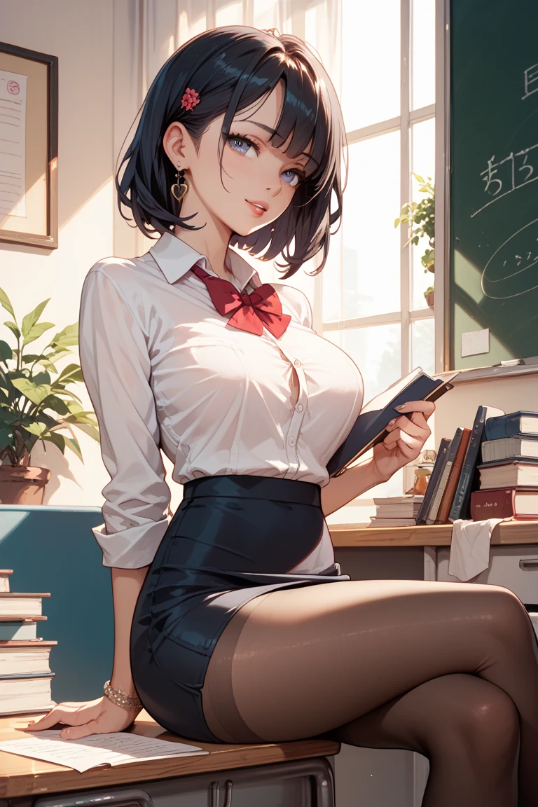 slim, (wide hips, thick thighs), scared, slender, looking at viewer, bound arms, arms behind back, (dress shirt, tie, pencil skirt), in office building, (masterpiece), (best quality:1.2), absurdres, intricate details, (highly detailed skin:1.2),