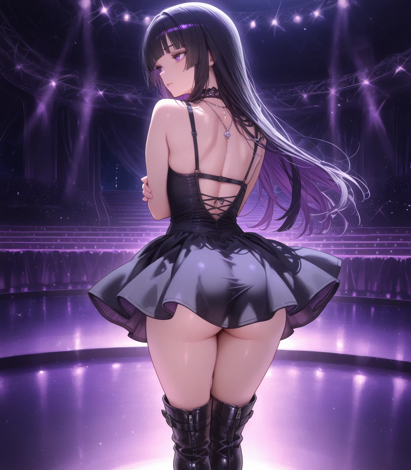(A superb exquisite Chitanda Eru), (mature face), purple eyes, long black hair, natural straight hair, straight bangs, solo, [Small_breasts: large_breasts: 0.5], normal breasts, (((fashion show, clothes, public, laser, lights))), extremely delicate, peerless beautiful girl, dreamy quality, exaggerated facial features, solid color, delicate face, bright lips, slender waist, straight curves, soft lights and shadows, super fine, 8K HD, (masterpiece:1.4), (finely detailed beautiful eyes: 1.2)