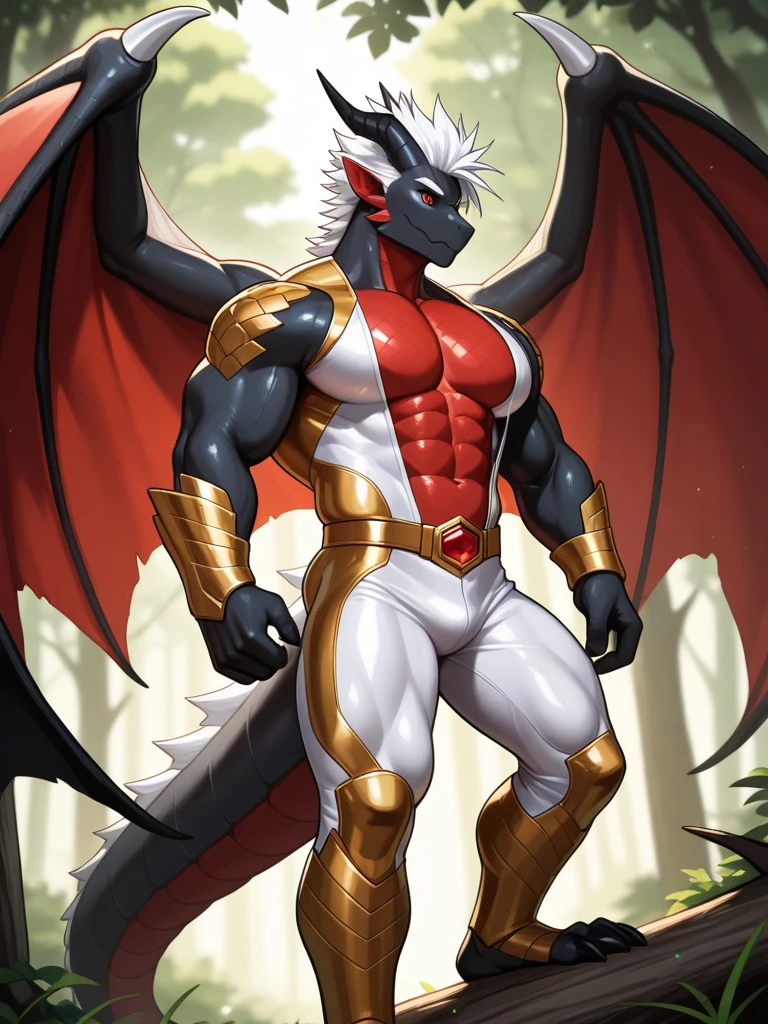 Huge muscles,Devilish wings,Devilish horns,Clear liquid dripping from penis,black costume,Huge erect penis,Ready your weapon,An angel cloaked in evil aura,The color of the face is Caucasian skin tone.,To be intoxicated by one's own strength