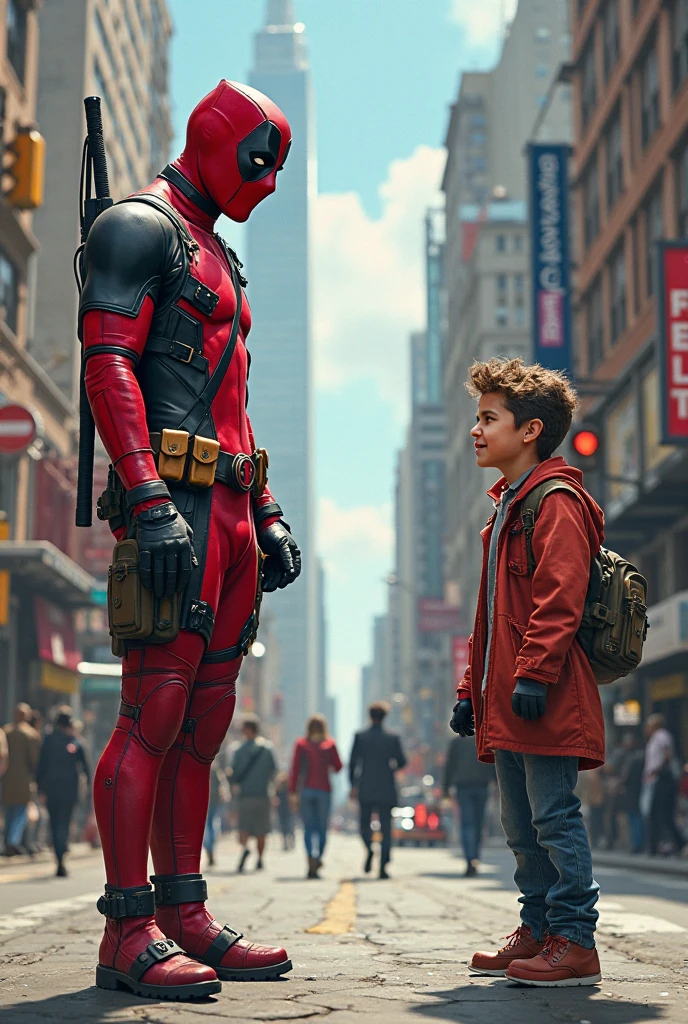 A cool Deadpool wallpaper in which Deadpool is carrying a smart and a bit tall 14 year old boy in his arms and they are Happy and kind of sexy and Deadpool is loving him realistic (brittness 50) and they are at heights and the boy is smart and Deadpool is trying kissing him or trying touching the nose from his nose and they are at heights full body and kissing and they are very happy and at the peak of a mountain full of grass and clear wether and they are sexy 
