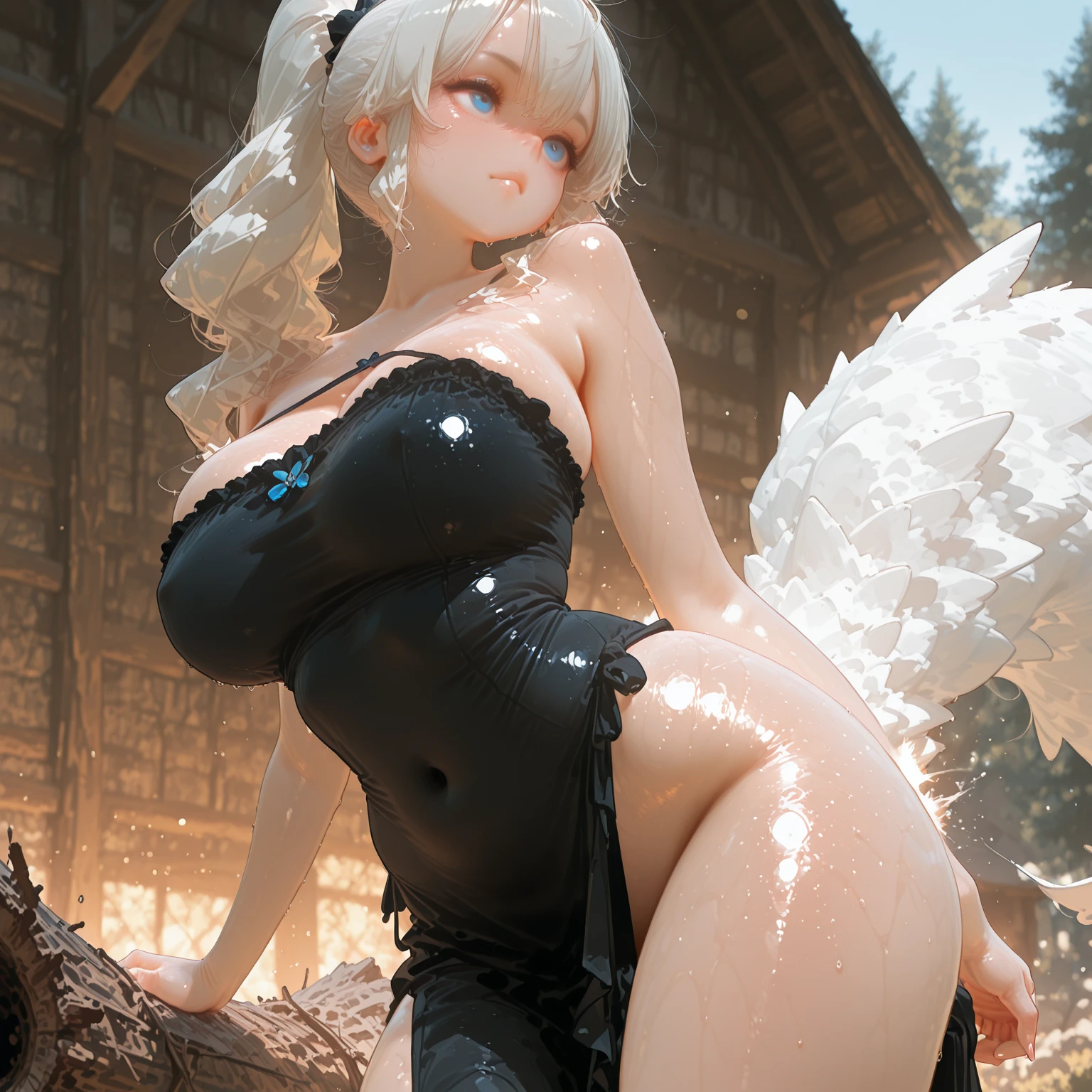 ((ultra realisitic)), ((picture-perfect)), ((face perfect)), ((ultra detaild)), ((fully body)), ((perfectbody)), a white-haired girl with bunny ears kneeling on the grass, ahegao, The girl is crouched down, the background is heavenly