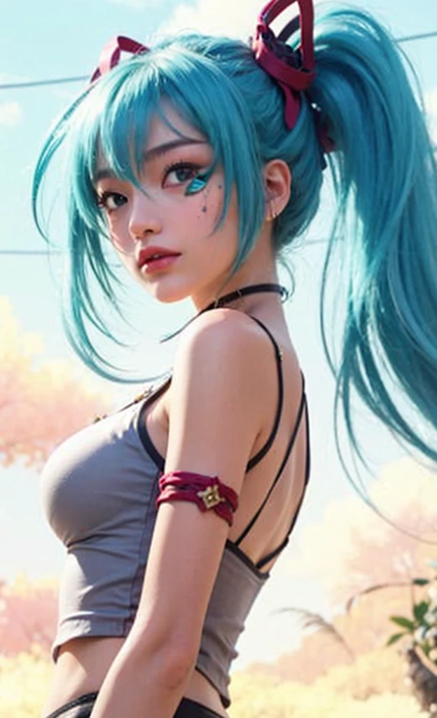 masterpiece, best quality, highest quality, photorealistic, perfect anatomy, perfect face, perfect eyes,
aqua hair, brabulladbgt, red hairband, red gloves, red crop top, blue eyes, skirt, hoop earrings, choker, 1girl, outdoors, sexy pose