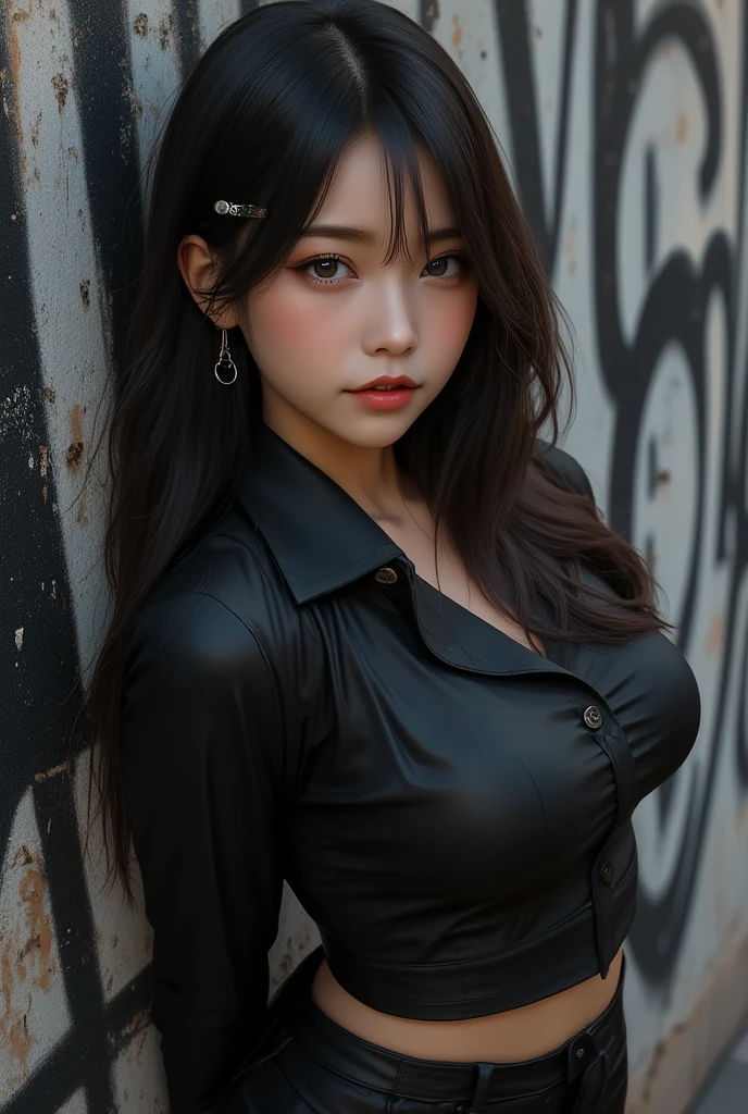 1girl, bangs, black hair, black jacket, black legwear, black skirt, blunt bangs, breasts, eyebrows visible through hair, halo, jacket, large breasts, long hair, looking at viewer, open clothes, open jacket, pantyhose, pleated skirt, red eyes, ribbed sweater, simple background, skirt, solo, sweater, very long hair, white background, white sweater