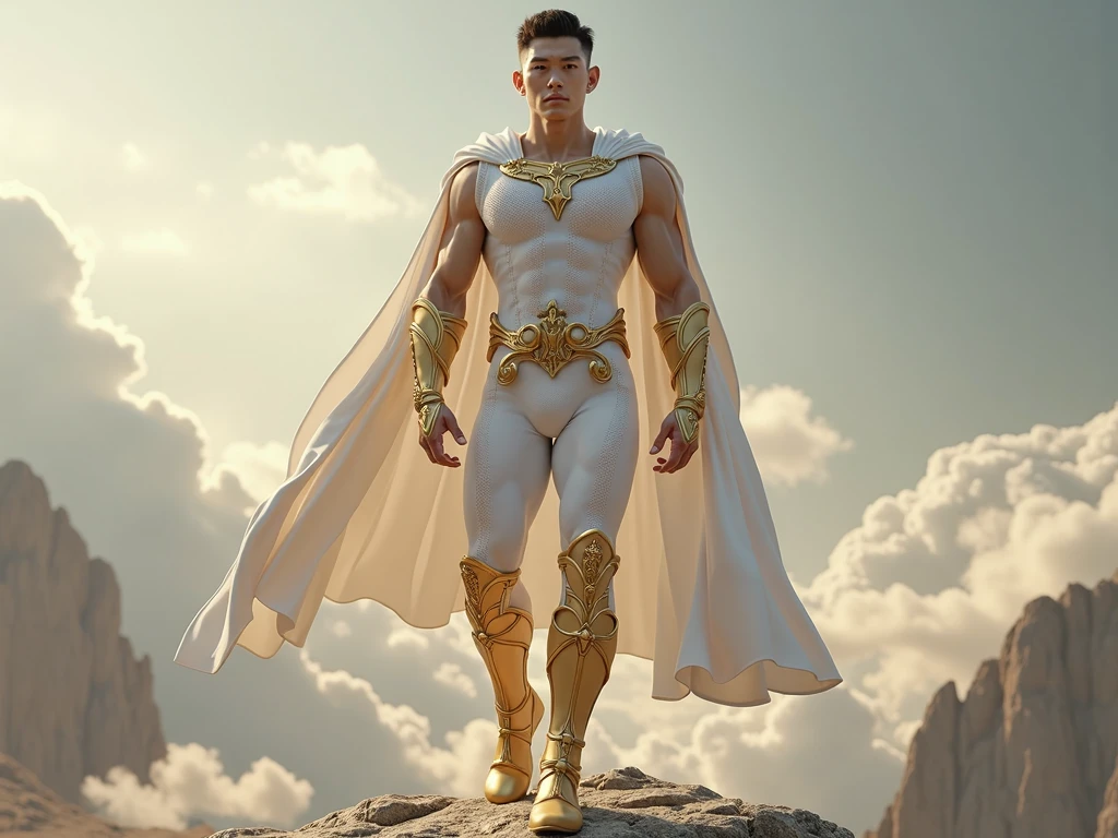 full body photorealistic very handsome God of Sun ,super ripped abs buff body, standing gold latex shiny suits with thick filigree circle designs, with a super bulge, concentrated and dramatic face, dream vision, extremely realistic, perfect face, perfect eyes, masterpiece, artwork of intricate art, arts station. 4K HD, dark night light, dynamic, dynamic pose, action, motion blur, wide angle, cinematic lighting, post processing, dramatic compositing, dramatic view, dramatic angle view,, Majestic Moon as the backgroud with cloud and rays