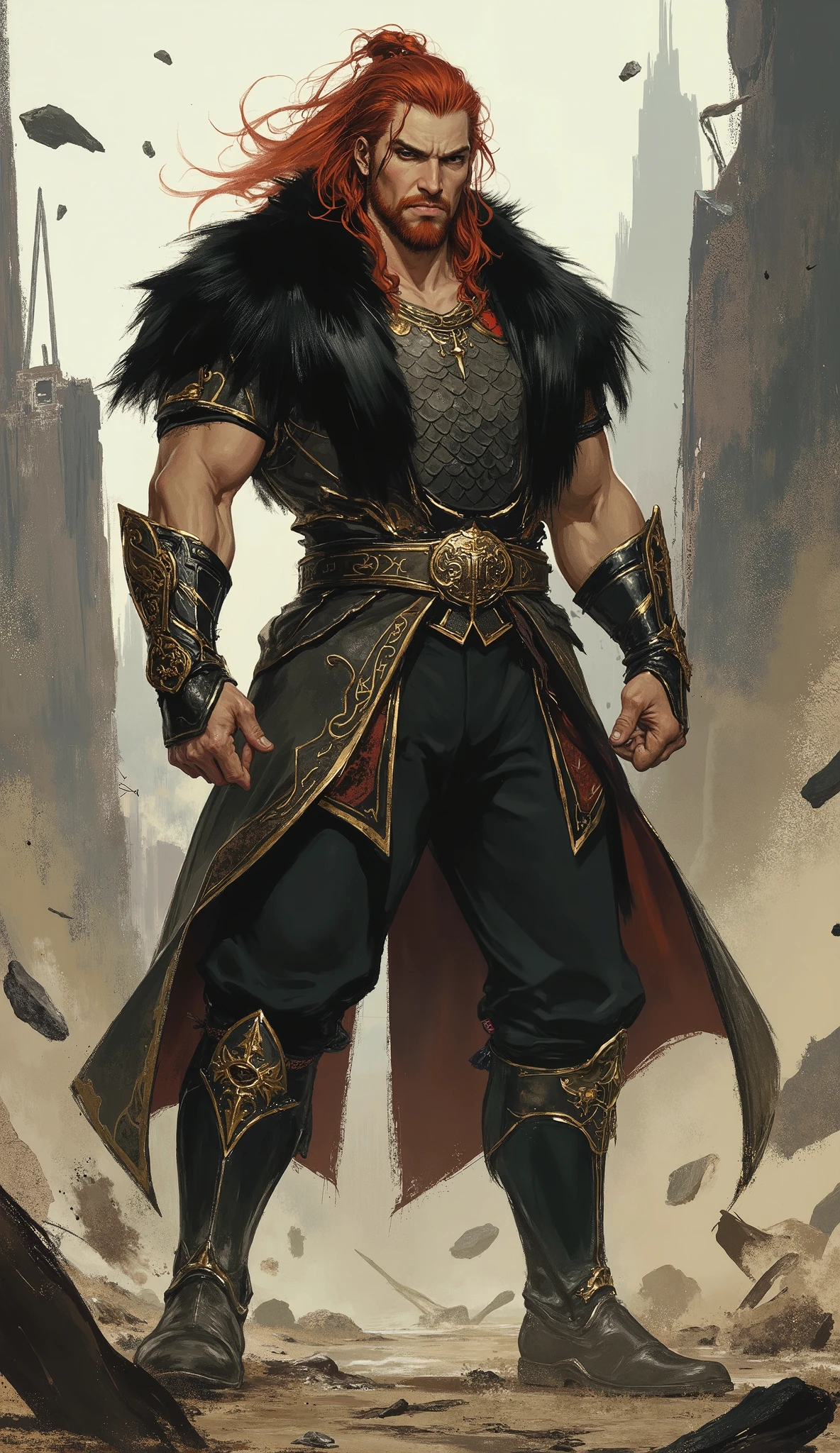 masterpiece, best quality, hyper-detailed, cinematic lighting, professional fantasy character illustration. A tall, immensely muscular middle-aged man, an imposing fantasy wuxia hegemon. He has a rugged face with a serious expression, a confident smirk, and sharp, piercing eyes. A prominent lightning bolt-shaped tattoo is on his left cheek. His hair is a wild, messy mane of long red and black strands. He is dressed in an ornate fantasy wuxia short-sleeved jacket over dark, form-fitting scale mail, with a heavy black fur shawl draped over his shoulders. He wears matching canvas trousers, detailed bracers, and tall black leather boots. He stands in a powerful, commanding pose on shattered ground, his immense aura causing rocks and debris to float in the air around him. Perfect anatomy, perfect hands with five fingers.