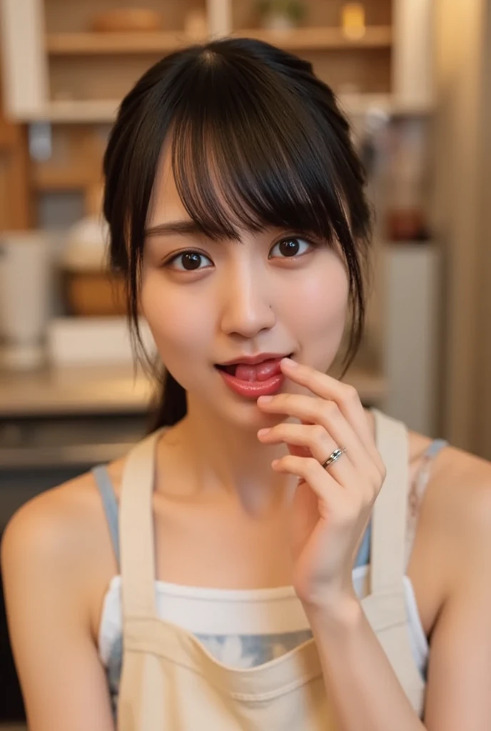 (Highest quality), (masterpiece), highly detailed, A naked Riho is lying on a bed, with the head of a thick penis sticking out from the front completely in her mouth., Oral sex,  body, Eyes that are evenly shaped, Big eyes, Droopy eyes, A dreamy look, Her face is covered in semen, she does shy smile, she is blushing, Beautiful mouth, Beautiful penis, get creampied, Japanese schoolgirl&#39;s uniform with bare chest, A yellow knitted vest that is too small, A simple background with just a sheet,
