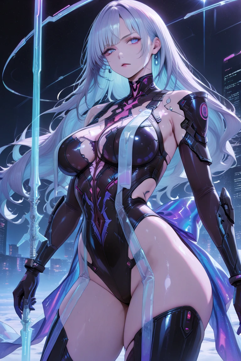 top-quality、Top image quality、masterpiece、Android Girl((sixteen years old 、Broken cybersuit glowing black, red and white、neon energy source for the chest 、Light blue shiny hair、Long hair , spiky hair, messy hair, long fringe on hair, holding a chain whip, chains around her body, giant chains, Cyber Skirt、purple neon eyes 、Valley、Happiness、A slender))hiquality、Beautiful Art、Background streets with((Magical Night City、Very heavy rain))、masutepiece、Elaborate design、visualart、Theatrical films, glowing neon eyes, cyberpunk, futuristic, white silver hair, no pupils on eyes