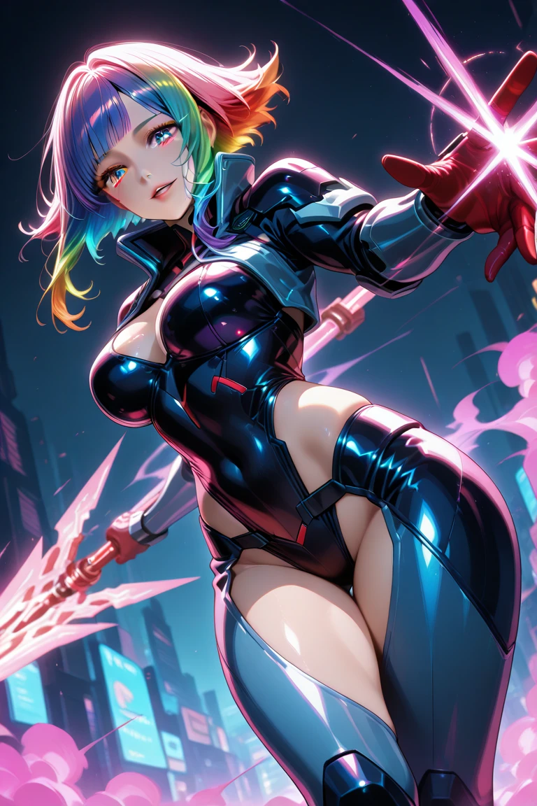 (highest quality,High resolution:1.2),super detailed,(realistic:1.37) (girl), exposed female genitals, anime style, (Fat:1.4) , cyber punk , full body tight suit , (covered nipples:0.9) , (chest:1.1) , (muscular:1.3) , (abs:1.1) , (thick arms:1.4) , thick thighs , huge hips , exposed female genitals, light pink hair , short hair , black skin , Pregnant , Ahegao , black glasses , spread your legs , cyborg girl , robot joint , robot shoulder ,