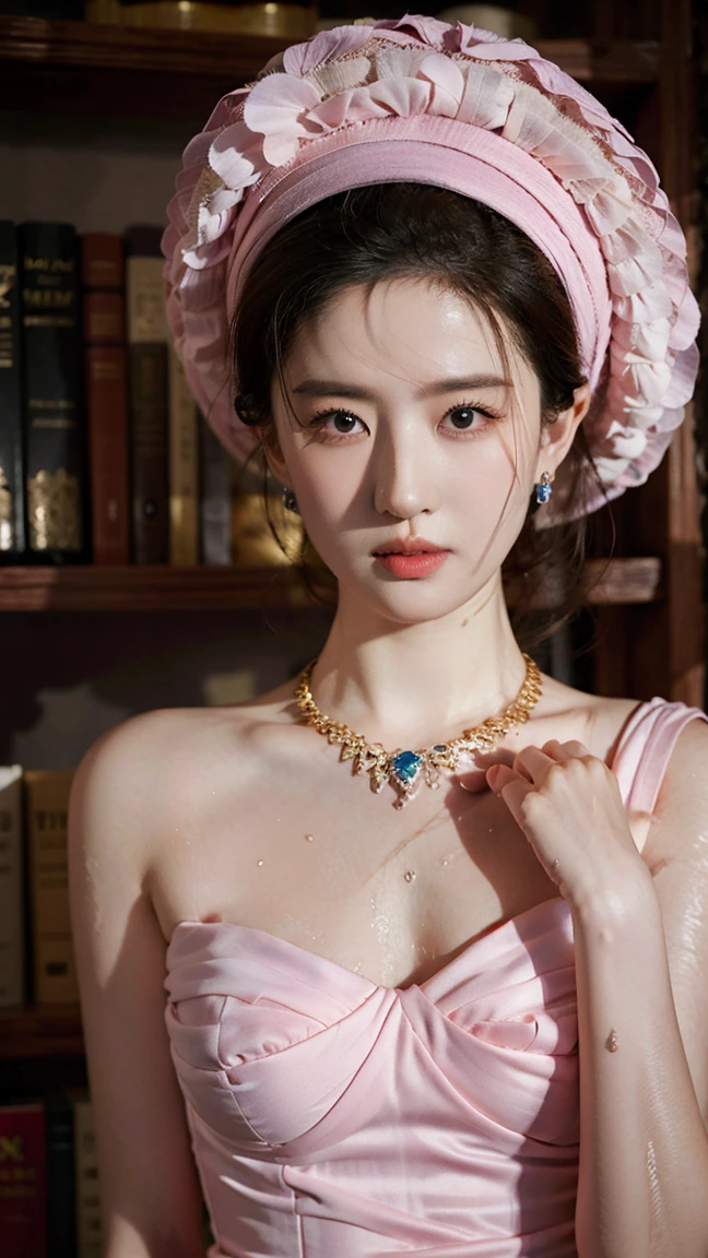 (highest quality, High resolution, masterpiece:1.2), Super detailed, (Realistic, Realistic, Photorealistic:1.37), Portraiture, Creative style artwork, historic, Classic, Sophisticated, Variety of colors, Very detailed, Luxurious surroundings, Detailed gown, Bright flowers, Elaborate jewelry, Mysterious atmosphere, Graceful pose, Graceful curves, Gold Body Proportion, Flowing hair, Breathtaking textile patterns, blue, green, Delicate floral decoration, A stunning array of crystal accessories, Mysterious and dreamy atmosphere, Perfect attention to detail., Soft lighting, 8k, textured skin, high details, masterpiece