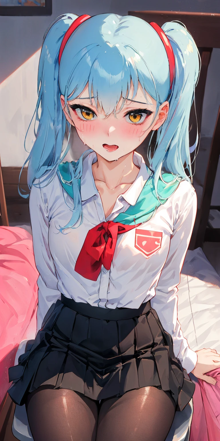 (detailed beautiful eyes and detailed face, masterpiece side light, masterpiece, highest quality, detailed, High resolution illustrations), (1 girl, beautiful girl, Shiny skin), (Sky Blue Hair, Pink Eyes, skirt, ribbon, Button-down shirt)(Kneel on the ground)