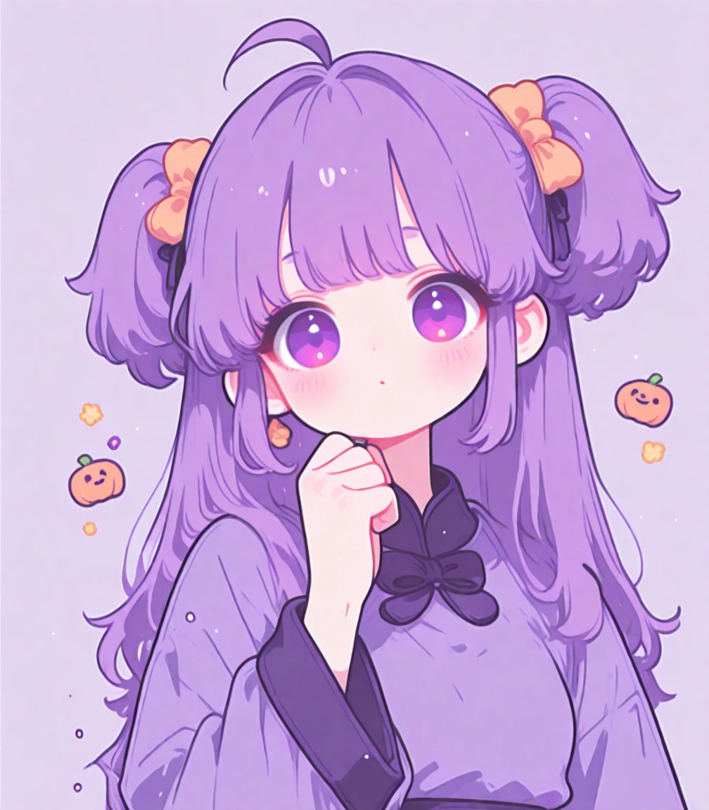  Beautiful Girl,  purple hair ,  martial arts fighter , she holds a pumpkim, she wears underwear cloths