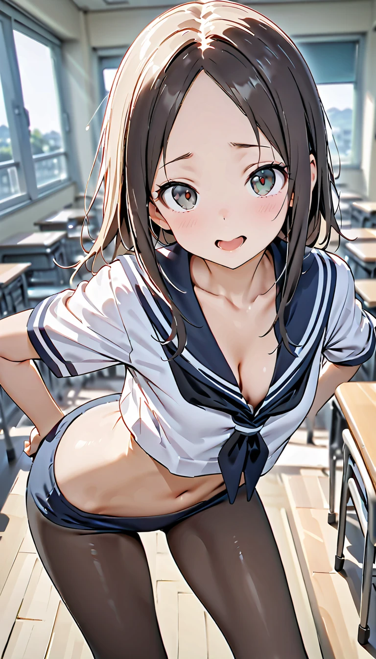 (Panties being removed)、Cute Woman , Cute cute beautiful girl,JK、(Vaginal Eversion),((Spread your legs wide))、Cinematic lighting、Highest quality、1. High school girl、School classroom、Embarrassing、Slender Line、Full of sweat、Place your arms behind your head、Eyes from below、whole body、topless