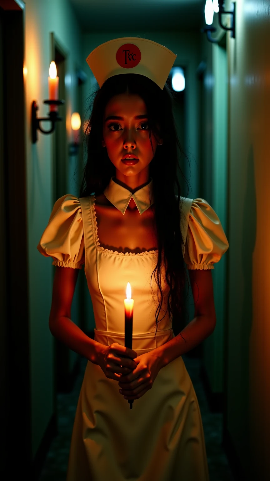 A black woman in a white dress with Ghibli-style bloodstains.