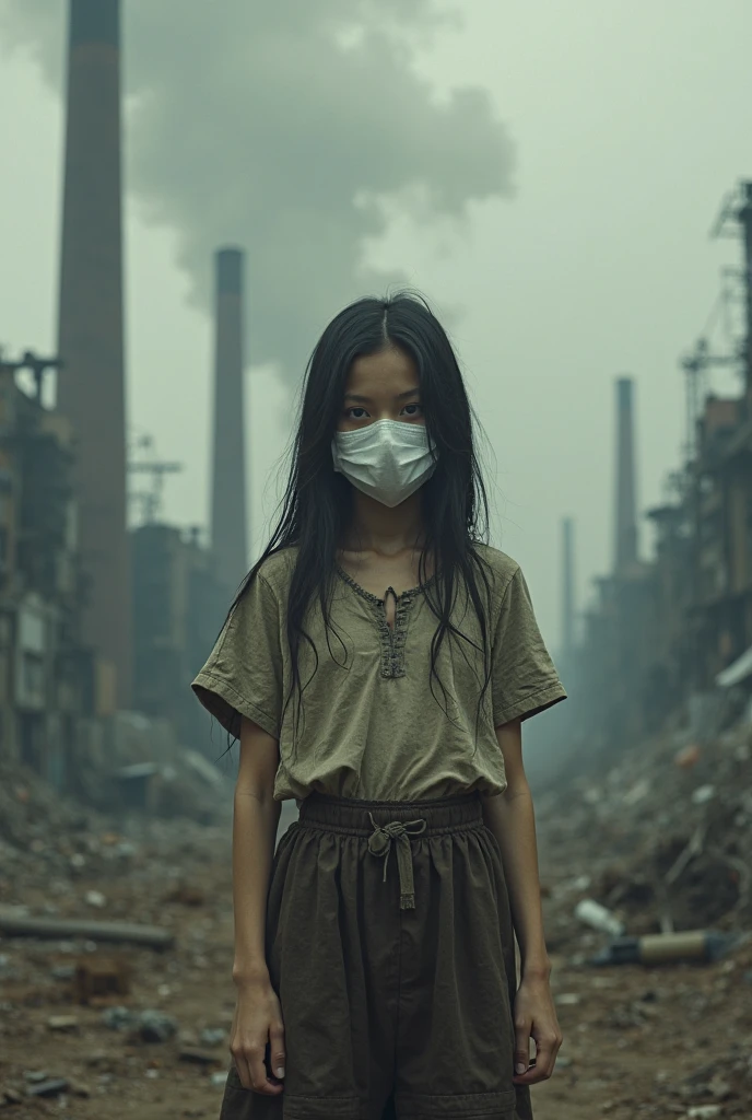 Girl with face mask chained by her hands to an atmospherically polluted world standing in front 
