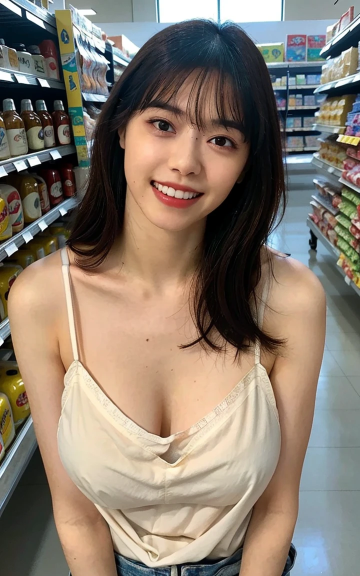 ((highest quality)), ((masterpiece)), (become familiar with), convenience store clerk、young woman、big breasts、Completely naked、name tag、Stand at the front door、smile、waving