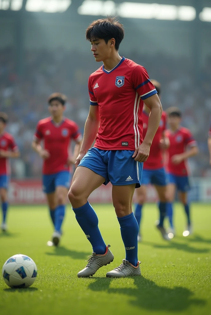 full body shot,highly detailed,trapped in jail,
Asian soccer jock in red soccer kits,handsome posing,serious expression,(abused:1.3),
fixed,bound hand,bound foot,
