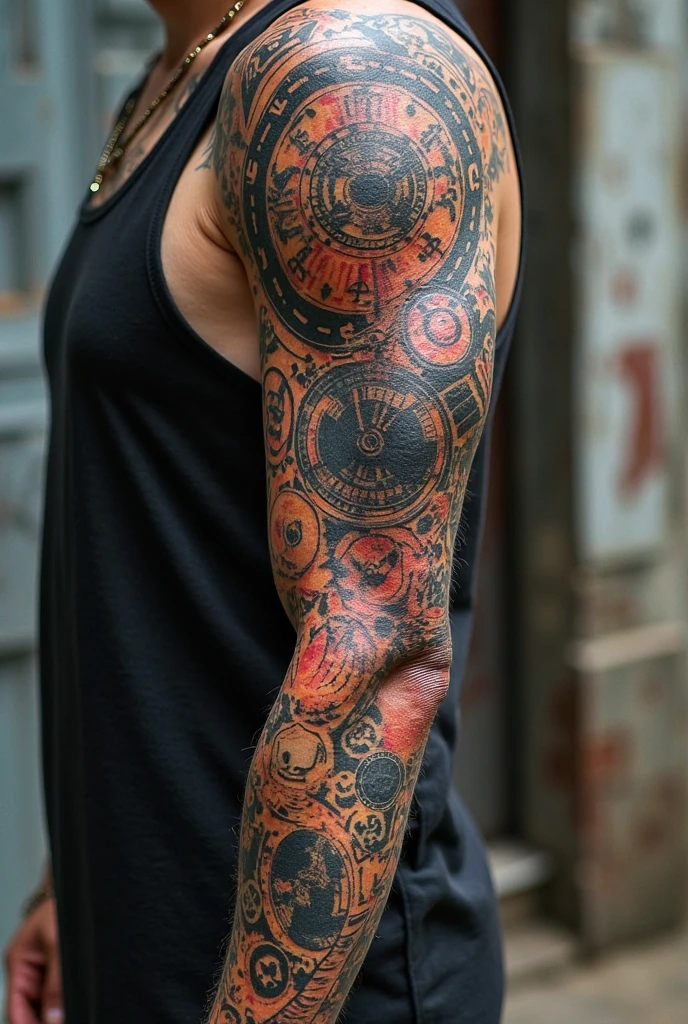 Clock tattoo on shoulder of a fat man with a belly, with a watch on the shoulder