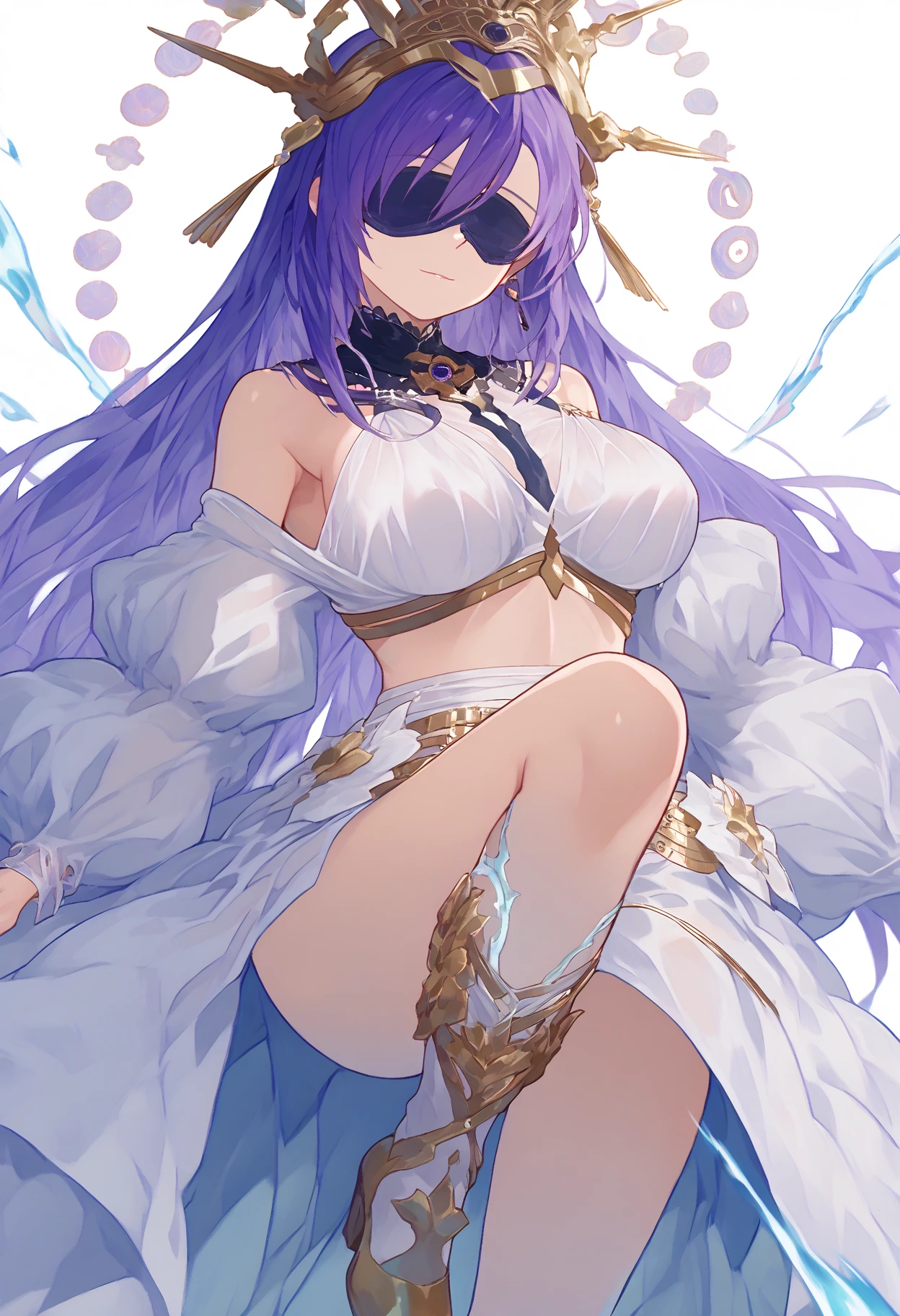 masterpiece, best quality, very aesthetic, absurdres, 1girl, mature_lady, in Desert ,Mummy_clothes, bandage_clothes, bandaged_chest, bandaged_fingers, bandaged_hand, bandaged_head, bandaged_neck, bandaged_thighs, bandaged_pants, bandages cover body， ,keqing,keqing(genshin impact), purple hair,purple eyes,lozenge pupil,diamond eyerings,twintails,medium breasts,bun,bang,in Desert, Desert Princess,surrounding by flowers,falling_petals, outdoors, petals,,,blur background,background defocus,