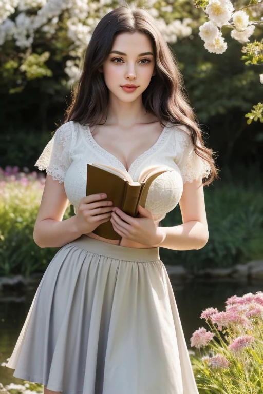 Girl reads a book by the lake, big breasts