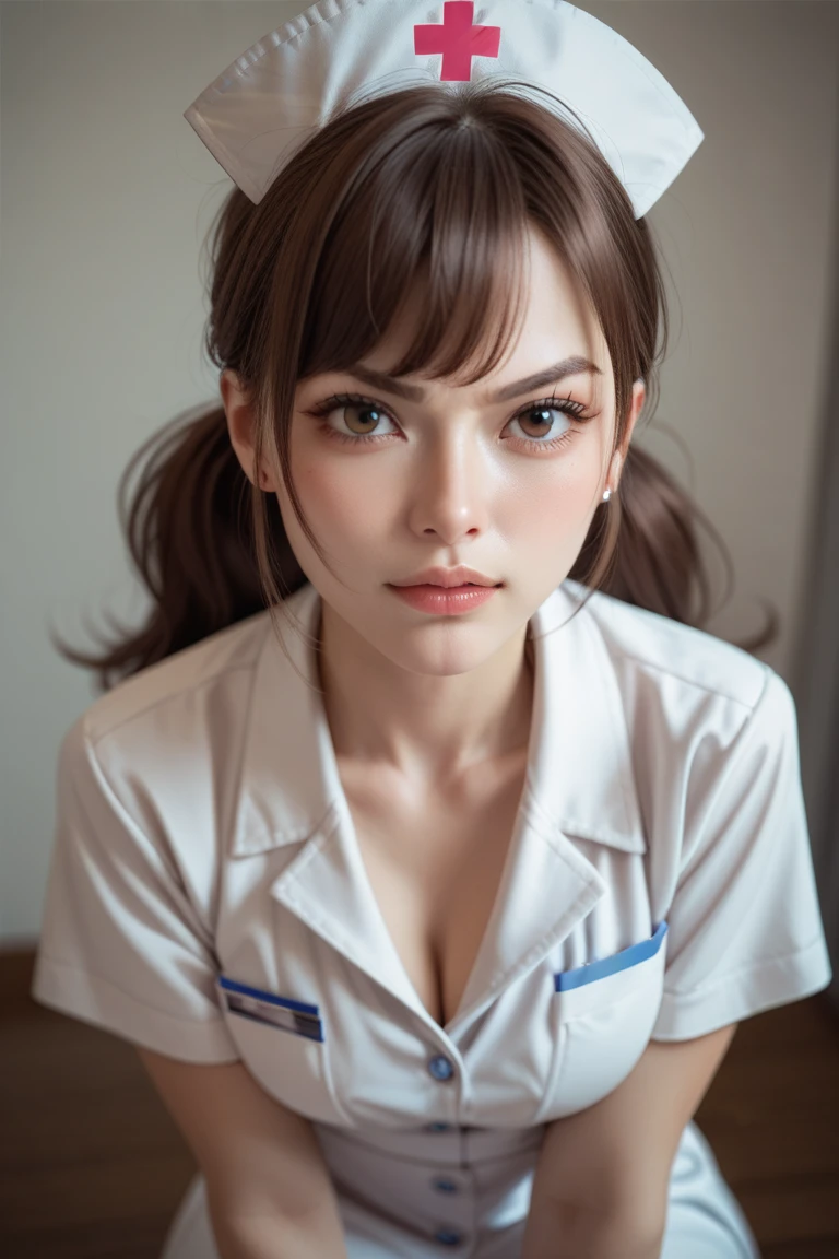 Hot girl, wine color hair, green eyes, nurse