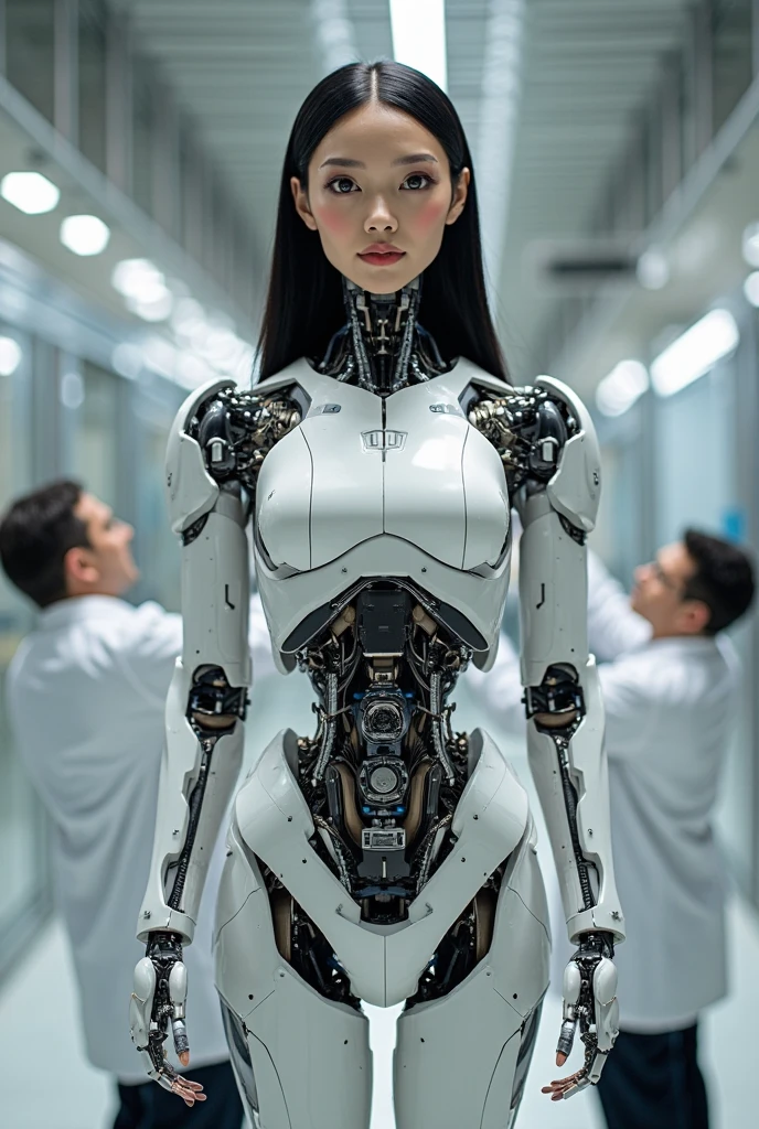 A female AI humanoid robot stands in a futuristic setting, blending human-like features with metallic components. Her skin appears lifelike but reveals intricate circuits and wires. Her body is a seamless integration of organic and inorganic elements, with a metallic exoskeleton covering her torso and wires pulsing across her abdomen. The robot contemplates her existence and the blurred line between humanity and technology, challenging the boundaries of what it means to be human and machine.