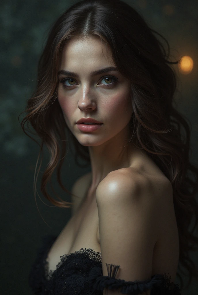 (((Realistic))) Photo, masterpiece, top quality, pale skin, (Ultra detailed face and eyes:1.2), 1 girl, gloomy atmosphere, Dark background, (Eye makeup, mascara) , ((Dark wavy hair)) , ((Stylish hairstyle)) , Natural breasts, Slim waist, (slender body). ((Posing)) , (body curves), photoshoot, studio (Contour lighting), (The play of light and shadows), Focal Length, bokeh, (special attention to skin detail: 1.2), Detailed leather texture, skin pores, ((Тёмная и gloomy atmosphere кадра. color scheme - black, Gray, Ashen, Tons)), (Film grain, VHS effect), (shine) , ((lens)) , ((close-up portrait, close to the camera)) , ultra detialed,