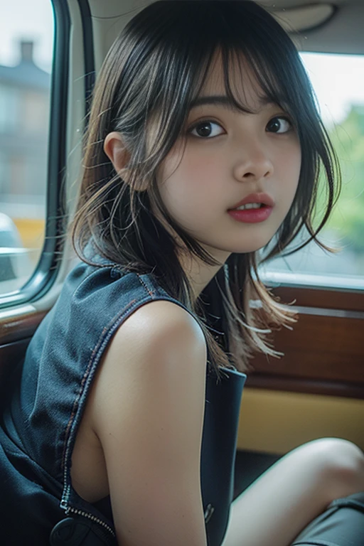 1 Girl ,Highest quality, Ultra-high resolution, Highly detailed skin, Physically Based Rendering, Small breasts, Flat Chest, Down blouse,(18 year old Japanese student, Decorative fine bra , Overlap short sleeve blouse, Small breasts, Sensual ),Sitting, Crouching on the train, short hair, necklace ,close,From top left ,Focus on the chest ,High brightness