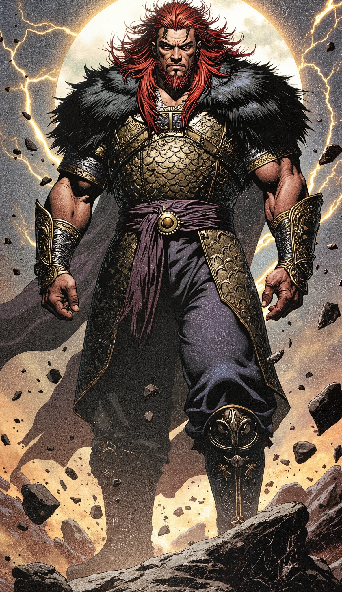 masterpiece, best quality, hyper-detailed, cinematic lighting, professional fantasy character illustration. A tall, immensely muscular middle-aged man, an imposing fantasy wuxia hegemon. He has a rugged face with a serious expression, a confident smirk, and sharp, piercing eyes. A prominent lightning bolt-shaped tattoo is on his left cheek. His hair is a wild, messy mane of long red and black strands. He is dressed in an ornate fantasy wuxia short-sleeved jacket over dark, form-fitting scale mail, with a heavy black fur shawl draped over his shoulders. He wears matching canvas trousers, detailed bracers, and tall black leather boots. He stands in a powerful, commanding pose on shattered ground, his immense aura causing rocks and debris to float in the air around him. Perfect anatomy, perfect hands with five fingers.