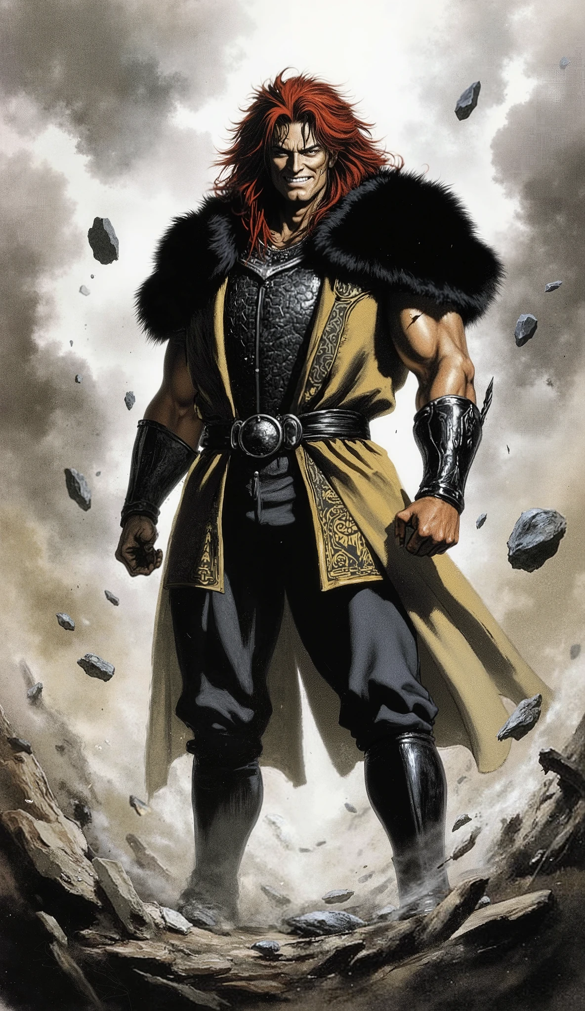 masterpiece, best quality, hyper-detailed, cinematic lighting, professional fantasy character illustration. A tall, immensely muscular middle-aged man, an imposing fantasy wuxia hegemon. He has a rugged face with a serious expression, a confident smirk, and sharp, piercing eyes. A prominent lightning bolt-shaped tattoo is on his left cheek. His hair is a wild, messy mane of long red and black strands. He is dressed in an ornate fantasy wuxia short-sleeved jacket over dark, form-fitting scale mail, with a heavy black fur shawl draped over his shoulders. He wears matching canvas trousers, detailed bracers, and tall black leather boots. He stands in a powerful, commanding pose on shattered ground, his immense aura causing rocks and debris to float in the air around him. Perfect anatomy, perfect hands with five fingers.