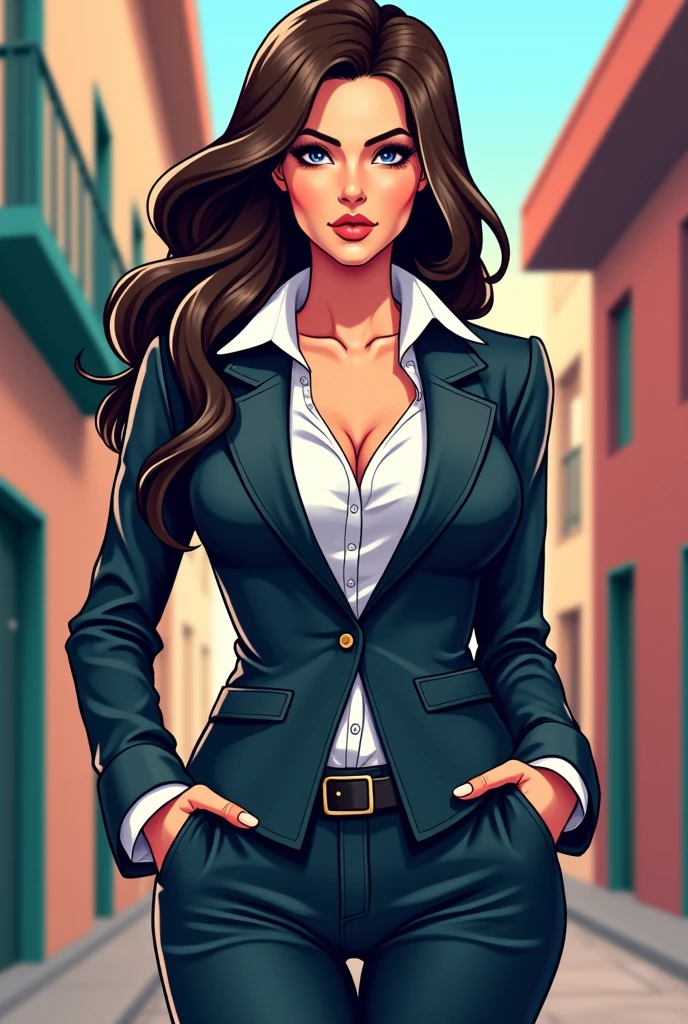 1 girl, 30 year old girl, Walking forward down the street, round breasts, big , wide thighs, thicc, big booty, big ass, In a business suit, Cartoon, 8K, 4K, HDR