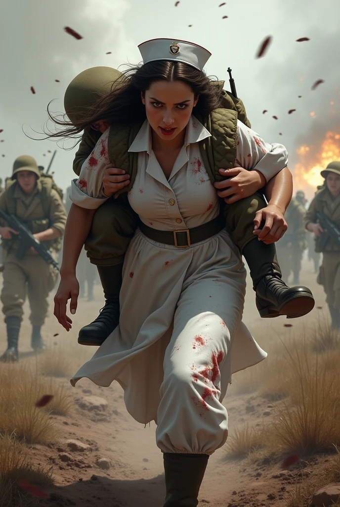 Create a representation of Stanisława Leszczyńska in the midst of war camp, holding a baby, the baby is wrapped in sheets, her clothe is of militar nurse, she is running on the midst of war, explosions on her back, shooters on her back, his clothes a little torn, full body, sexy body, showing her beautiful legs, big boobs