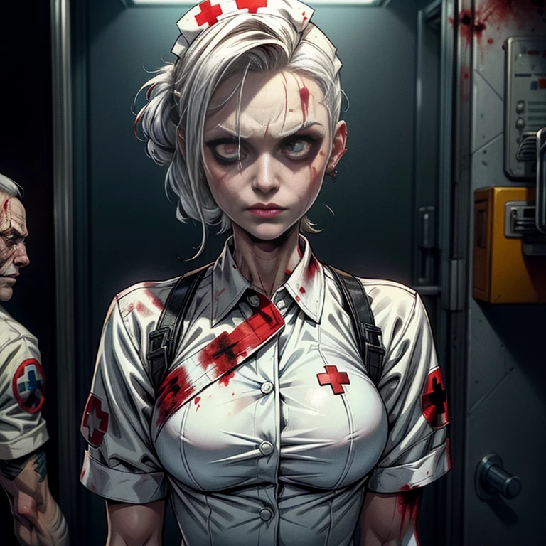 A zombie nurse wearing a bloodstained uniform is wandering down a deserted street in a fictional town called Silent Hill. A enfermeira tem a pele roxa e os olhos fundos. His hair is disheveled and his uniform is torn. The fog is thick and the air is gloomy. The only sound is the wind blowing through the trees. The scenario is apocalyptic and it seems that the end of the world has already happened. The zombie nurse is carrying a bloodied knife. The street is covered in garbage and rubble. The cars on the street are rusty and broken. The air is full of flies and the only sound is the wind blowing through the trees.