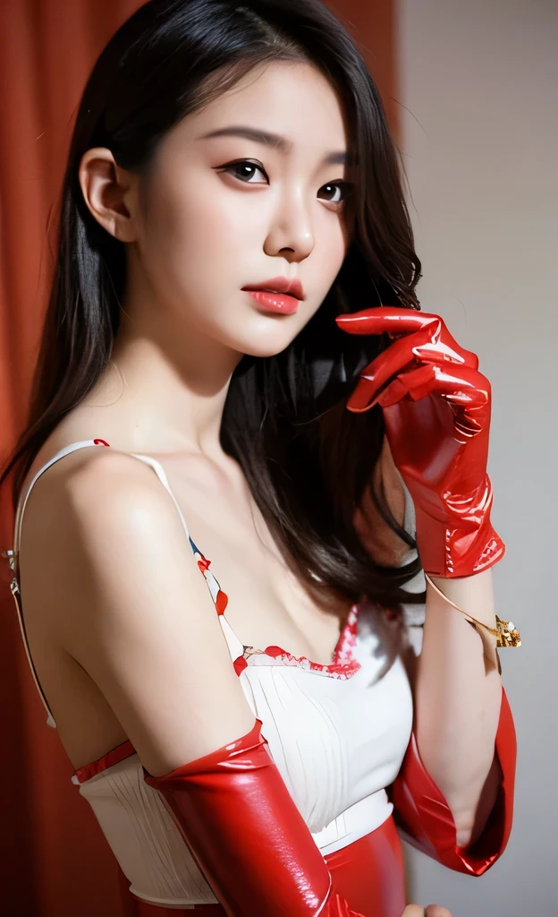 (((best quality))),(((ultra detailed))),(((masterpiece))),illustration, 1girl,female butcher,solo,(short ponytail:1.2),((sweat,shiny skin)),((slim,thin,small breasts,flat chest)),((bare shoulder,bare arms)),(white apron splattered with red stains:1.3),((gloves)), plainradiant face, hint of smile,standing,arms behind back,gentle and innocent nature,spacious warehouse, (The room was full filled with fresh meat:1.5), stark white walls, contrasting red and pink hues, Calm and composure, sense of warmth and humanity, natural lighting, sunlight, silhouette, delicate frame, graceful posture, unique and intriguing moment, resilience and adaptability of the human spirit,indoor,((upper body,from front))