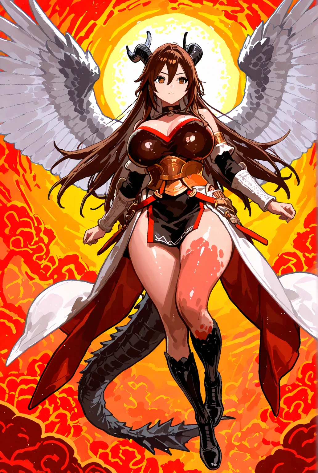 Anime screenshots, 1 Girl, alone, Brown Hair, Long Hair, Green Eyes, Red dress, Cleavage, Bare shoulders, Purple knee socks, - Elbow hand pockets, Black wings, Outdoor, inhibition, Tentacles, Shuma-Gorath, Cowboy Shot, whole body, Purple elbow gloves, Messy Hair, Hair on one eye,　masterpiece, ultra detailed, best quality, ultra high res, cg unity 8k wallpaper, super fine illustration, fair skin, gleaming skin, oil skin, shiny skin, Big Breasts,