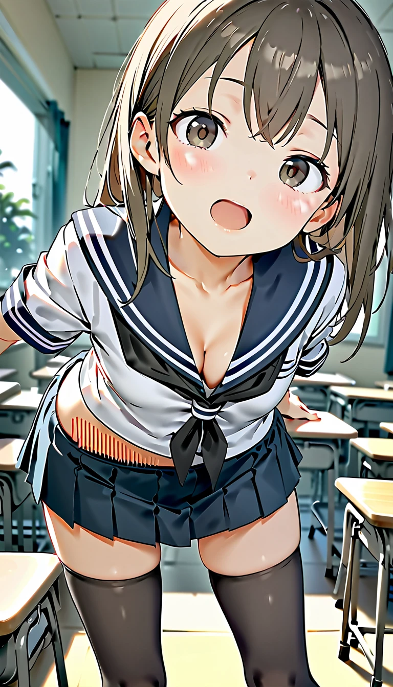 (((perfect anatomy, anatomically correct, super dense skin))), 1 female, Japanese, high School girl, shiny skin, looking at the viewer,
fine hair, detailed face, fine eyes, (long hair:1.8), (side ponytail:1.7), bangs, hair between eyes, light brown hair, blue eyes, baby face, mole under eye,
beautiful clavicle, beautiful body, beautiful breasts, big breasts:0.5, beautiful thighs, beautiful feet, camel toe,
((fine cloth texture, short sleeve, All dark blue cute sailor suit, dark blue pleated skirt, Navy blue sailor collar, sailor scarf, socks, brown loafers)), seductive thighs,
((embarrassing, I was scared, tears:0.0, half open mouth)), Are standing, (((leaning forward), undressing, raise one leg, light pink panty pull)),
(beautiful scenery), summer, School, locker room,
(8K, highest quality, masterpiece:1.2, very detailed), (realistic, photorealistic:1.4), beautiful illustrations, Natural light,