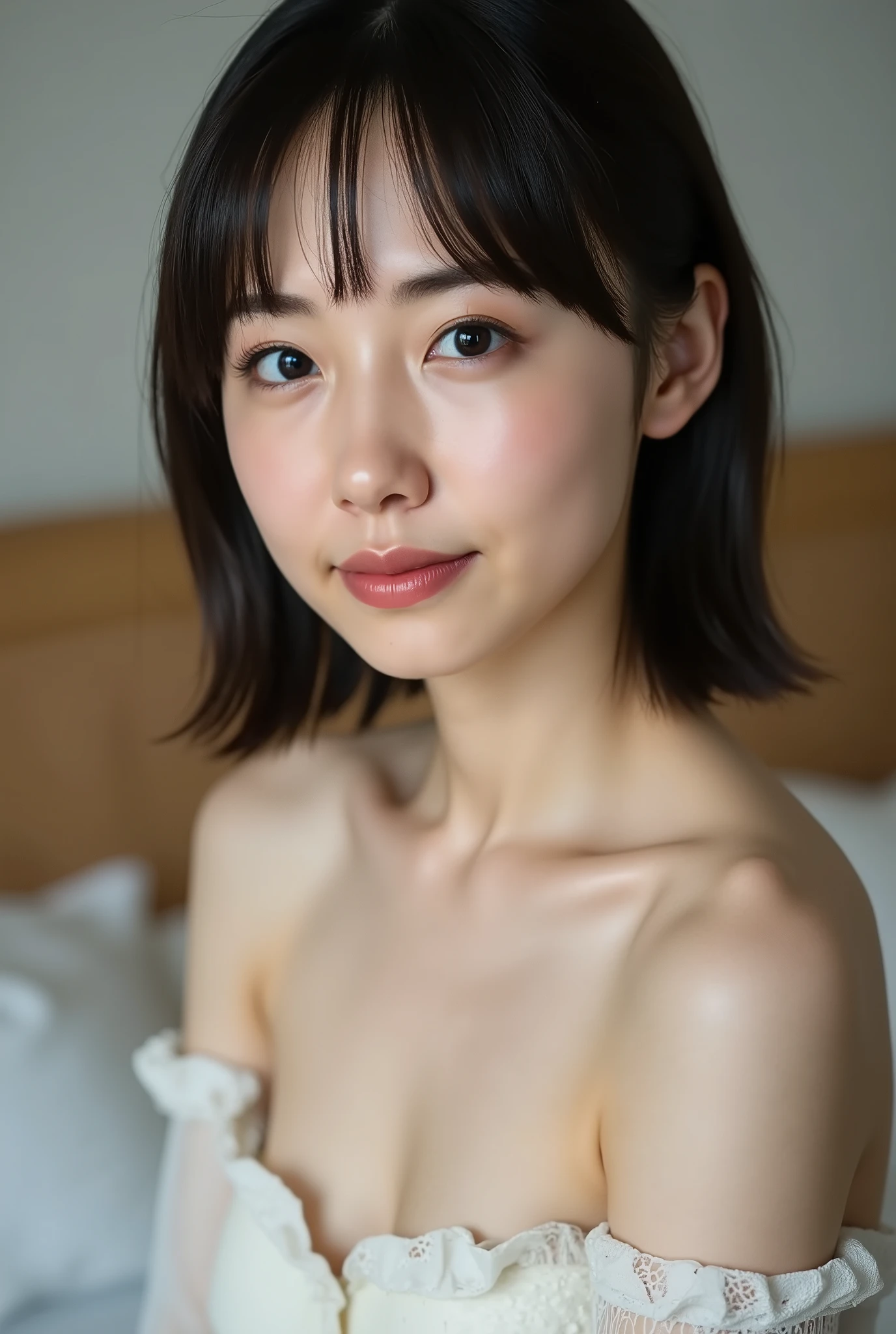(Highest quality), (masterpiece), highly detailed, A naked Riho is lying on the bed, taking my penis in her wide open mouth and sucking it., I have oral sex with her, body, Eyes that are evenly shaped, Big eyes, Droopy eyes, A dreamy look, She holds my penis between her breasts, she does shy smile, she is blushing, Beautiful mouth, get creampied, A simple background with just a sheet,