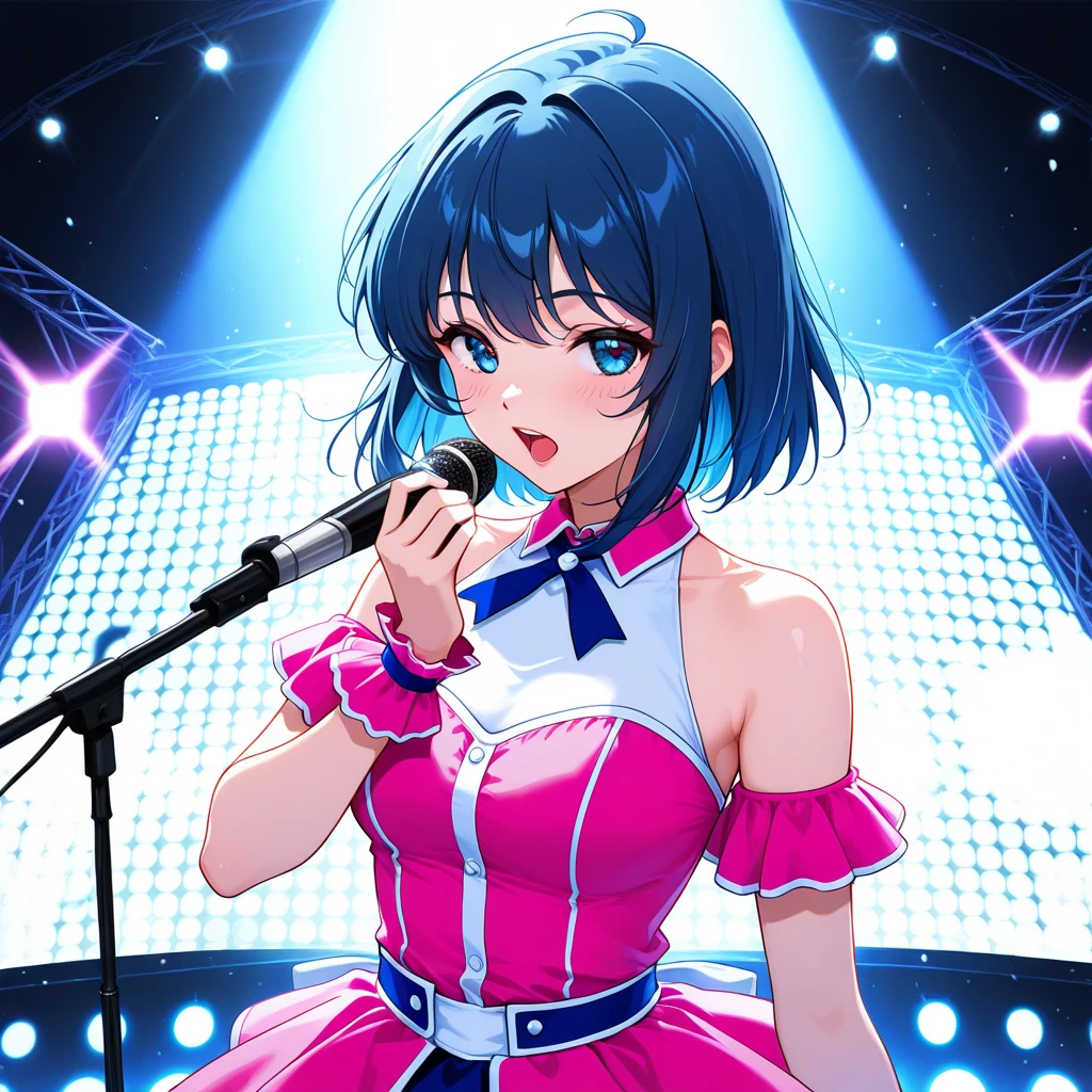 lynn minmay, 1girl, solo, twin drills, blue hair, upper body, bare shoulders, black dress, sparkle, microphone, idol, singing,